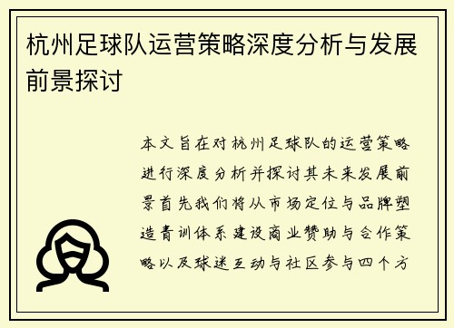 杭州足球队运营策略深度分析与发展前景探讨
